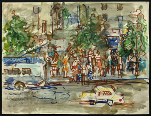 "На прыпынку". Папера, акварэль, фламастар. 1957 г.