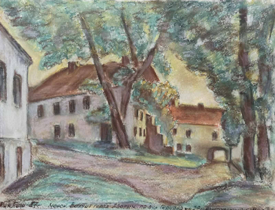 "Верхні горад. Менск. Дворык па вул. Герцэна, № 2а (з контрафорсам) і № 4 (з аркай)". Папера, пастэль, соус.1987