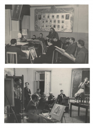 Мастакі ў студыі на занятках па акадэмічнаму малюнку. [1950-1960 гг.]