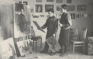 Мастакі браты С.П. і А.П. Ткачовы ў майстэрні. [1950-1960 гг.]