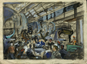 "Сход у цэху". Папера, гуаш, пастэль. 1948 г.